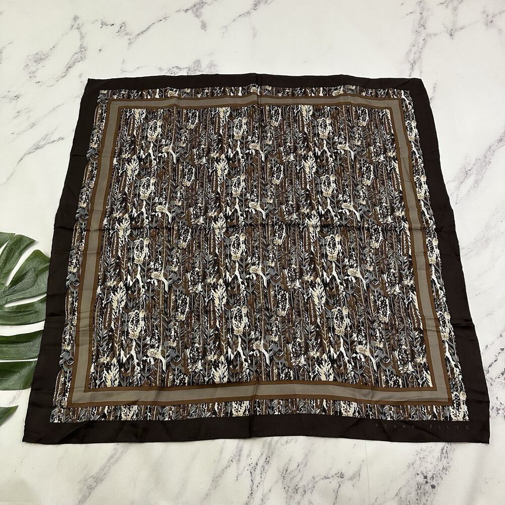 Perry Ellis Vintage 80s Silk Scarf New Brown Blue Feather Print Square Womens